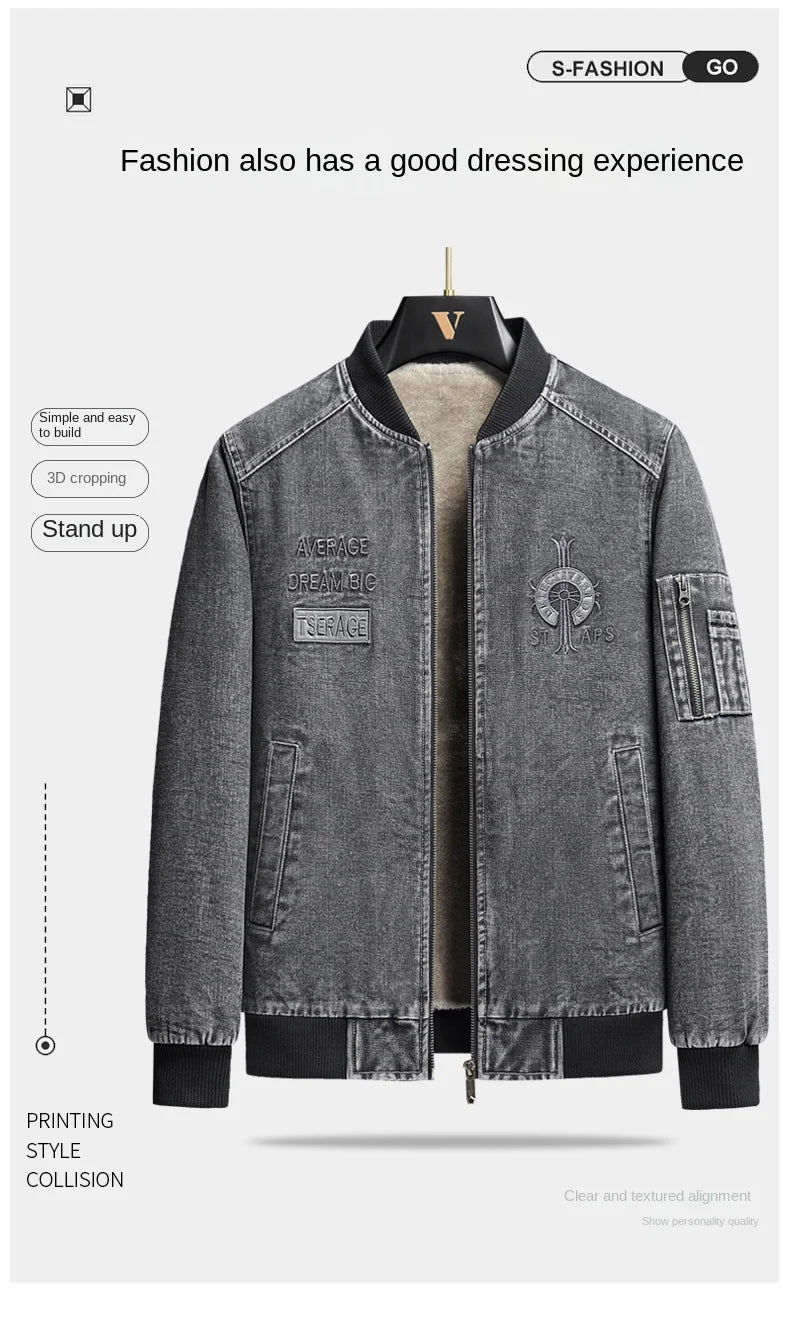 Retro Men's Cargo Denim Jacket Autumn Winter Plus Velvet Warm Fashion Casual Male Coat