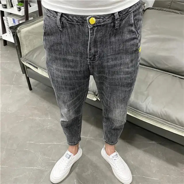 Fashionable Summer Autumn Luxury Cotton Trousers for Men Slim Solid Jeans with Stretch Classic Casual and Formal Wear Grey Jeans