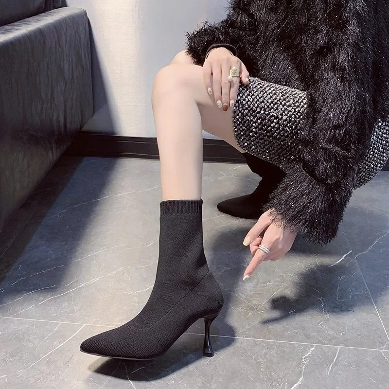 Female Shoes, 2024 Plus Size Knitted Ankle Boots Concise Stretch Boots Pointed Toe Slip on Thin Heels Shoes