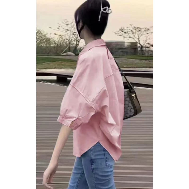 NoEnName_Null Women's Loose Fit Casual Shirt – Turn-down Collar Batwing Sleeve Cardigan