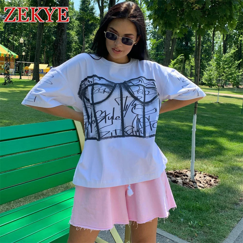 Zekye Printed Streetwear Vintage Tshirts Top Harajuku O Neck Chic Summer Basic Loose T-shirt