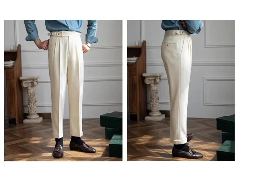 Men Solid Color Suit Trousers Spring Trendy Belt High Waist Pants Male Business Office Fashion Pleated Straight Pants Streetwear