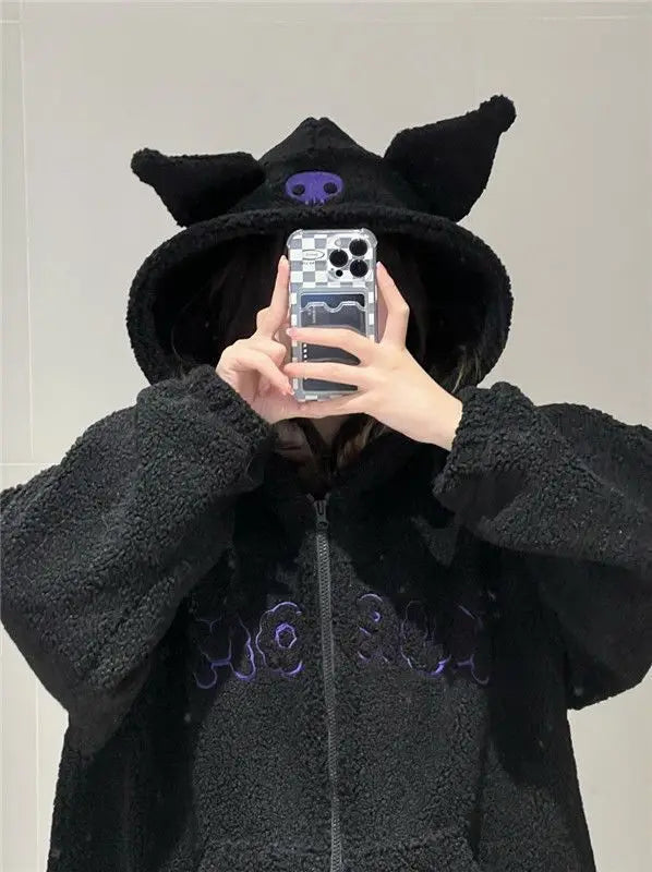 Sanrio Kuromi Hoodies Cartoon Black Embroidery Thin Coat Women Tops Autumn Looses Clothes