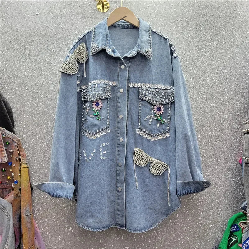 Luxury Women Diamonds Floral Beads Denim Shirts Glasses Fringed Rhinestones Rivets Jeans Bomber Jacket