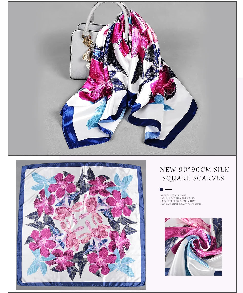 Pink New Elegant Floral Square Silk Satin Scarves