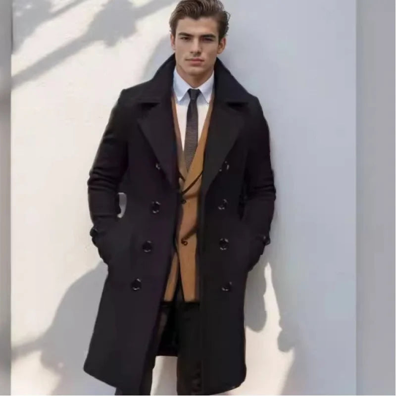 2024Autumn and Winter High Quality Thick Mid-Length Double Breasted Men's Wool Slim Fit Coat European Size