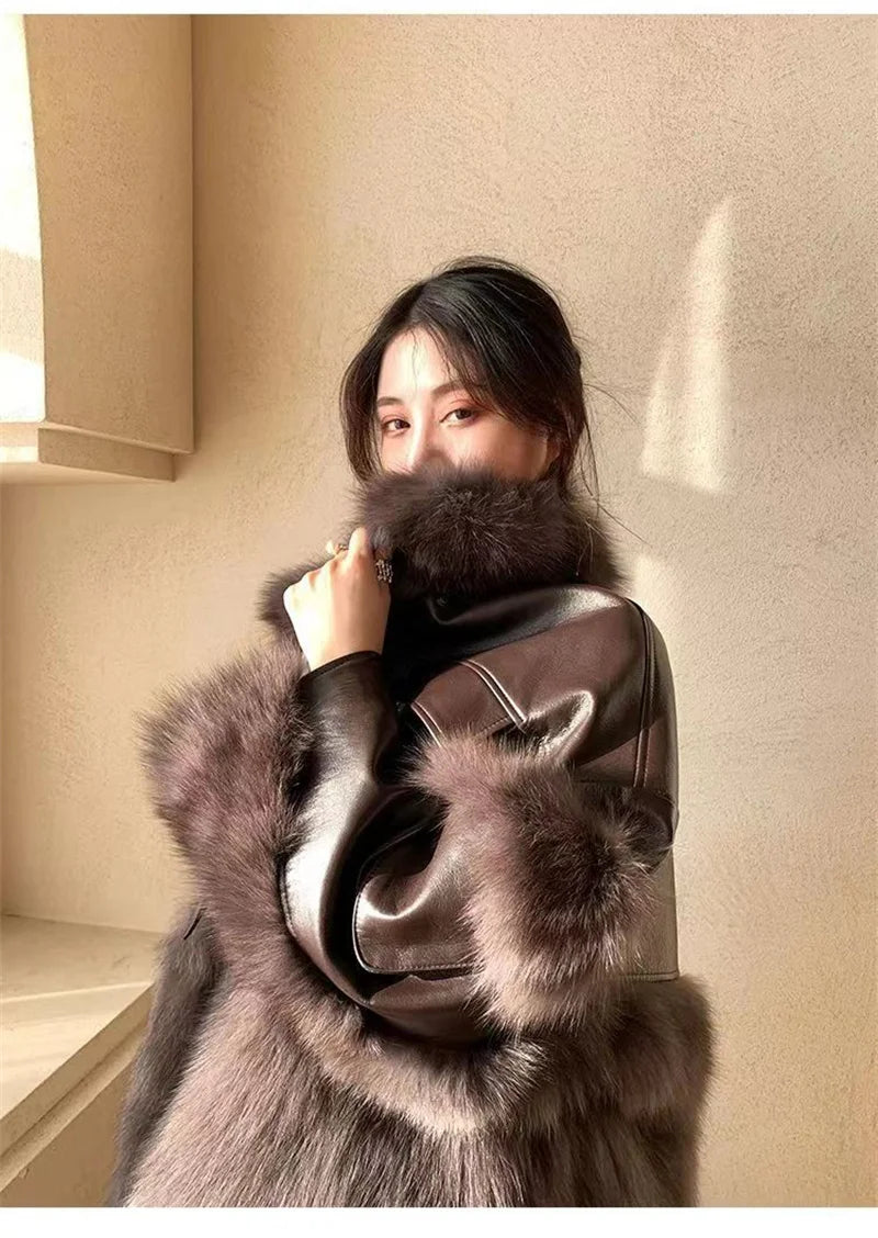 Retro Coffee Fur Coat  2024 Winter Loose Korean Version Fashionable Imitation for wome Fox Fur Thickened Haining High-end Coat