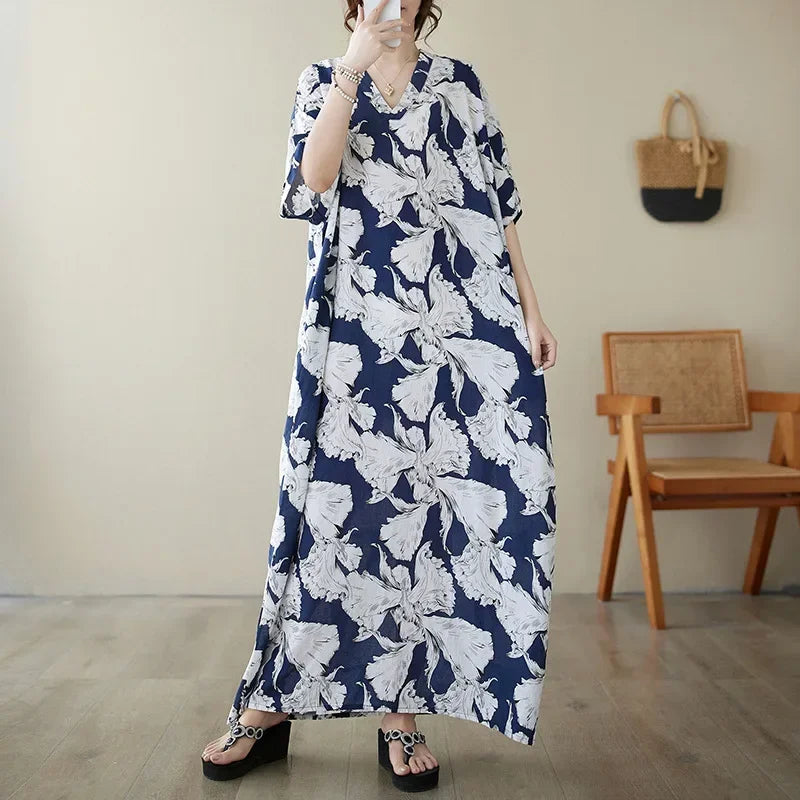 Boho Floral Cotton-Linen Summer Dress for Women – Ankle-Length, Loose Fit, O-Neck
