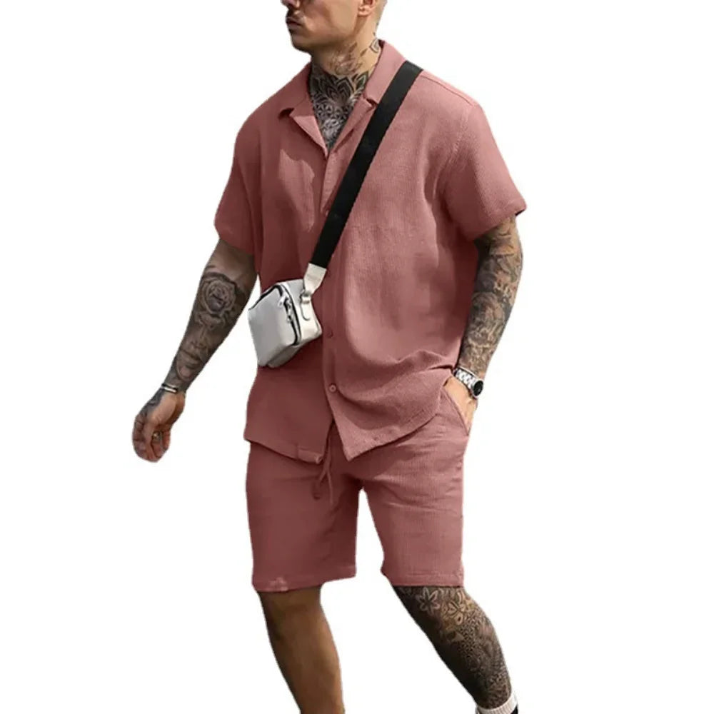 Men's New Casual Comfortable Button Short Sleeve Polo Shirt and Shorts Suit