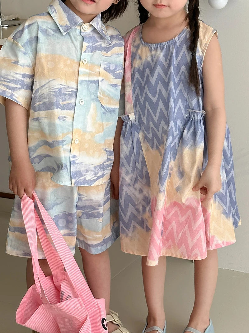 MILANCEL Unisex Summer Patchwork Clothing Set for Kids (Ages 4–6Y) – Cotton Shirt and Shorts Vacation Outfit