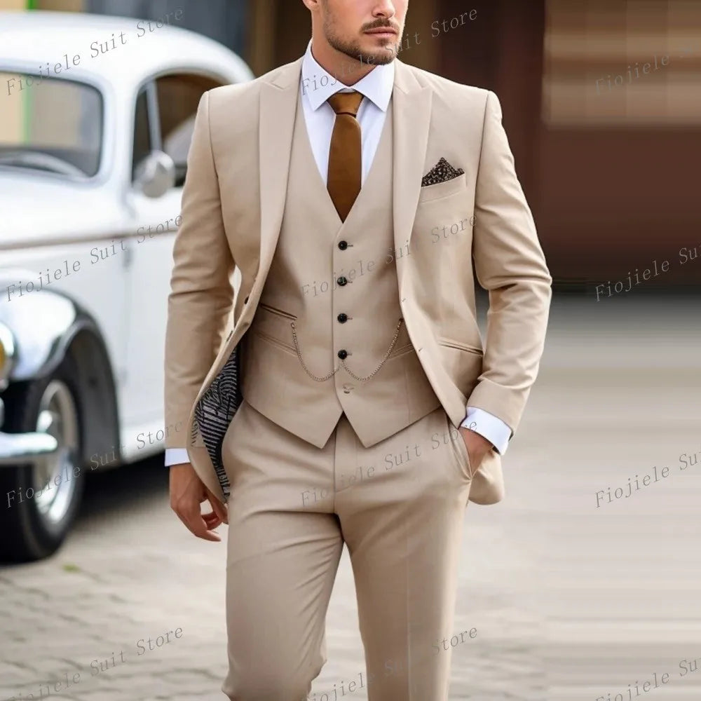 Fiojiele Men's Formal Wedding Suit - Cotton-Polyester Blend, Single Breasted, Four-Season Comfort