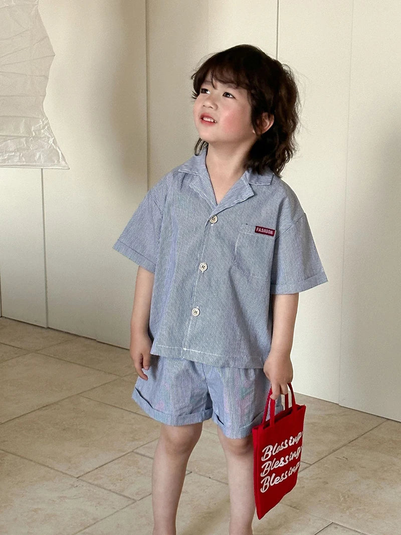 MILANCEL Unisex Summer Cotton Clothing Set for Kids (Ages 4–6) – Striped Short Sleeve Shirt and Shorts