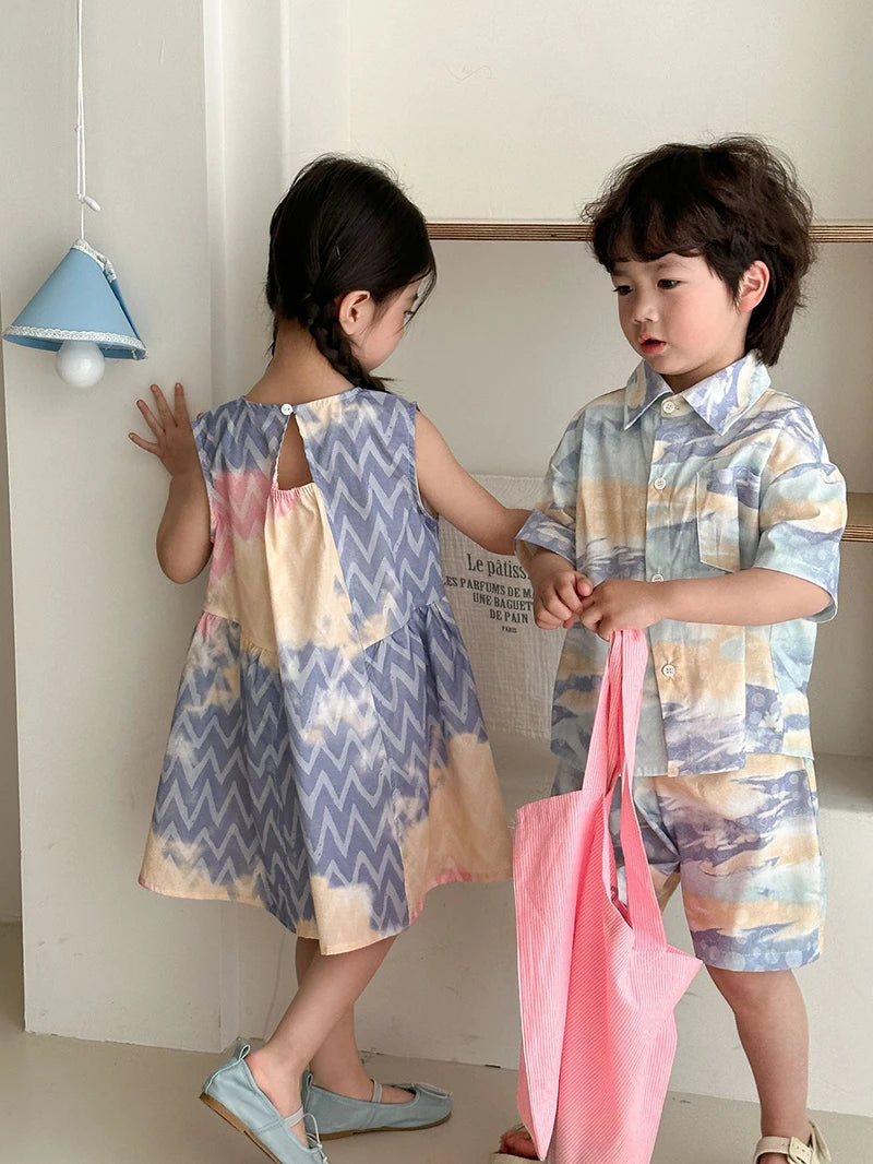 MILANCEL Unisex Summer Patchwork Clothing Set for Kids (Ages 4–6Y) – Cotton Shirt and Shorts Vacation Outfit