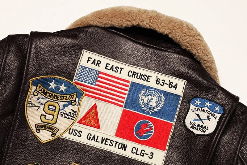 NoEnName_Null Men’s Military Style Cow Leather Jacket – Winter Outerwear with Zippers and Turn-Down Collar