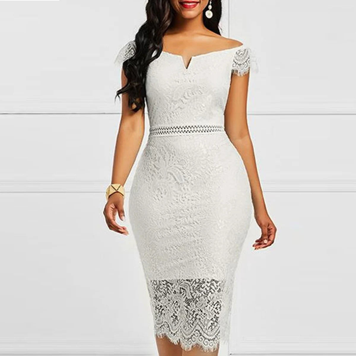 Ladies Summer elegant sexy short-sleeved V-shaped lace dress casual lim-fit dress