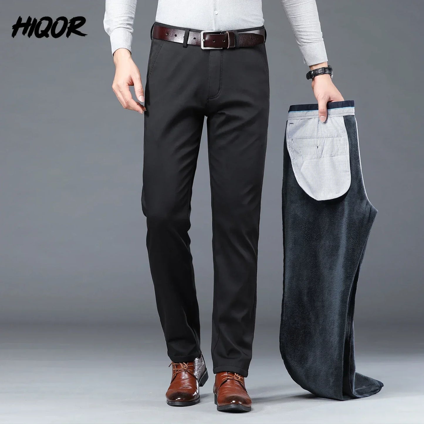 HIQOR Winter Fleece Men's Casual Pants Stretch Solid Business Straight Trousers ideally for Office .