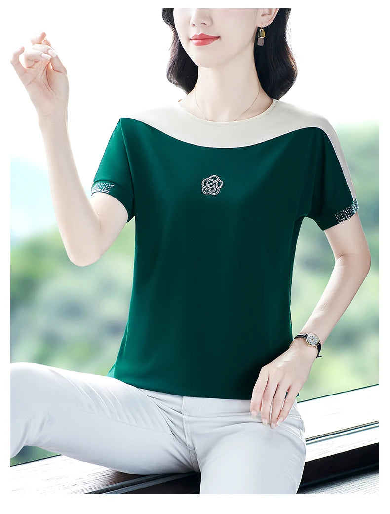 Moeroshe Women's Casual Patchwork O-Neck Tee - Cotton, Classic Style, Summer 2024 Release