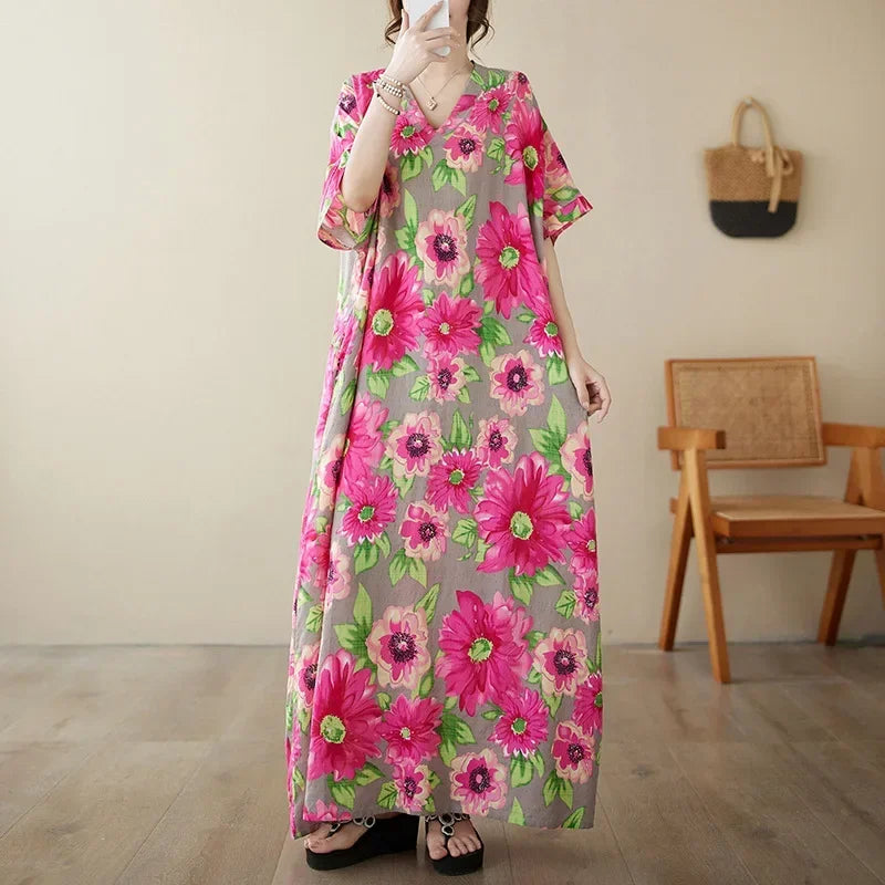 Boho Floral Cotton-Linen Summer Dress for Women – Ankle-Length, Loose Fit, O-Neck