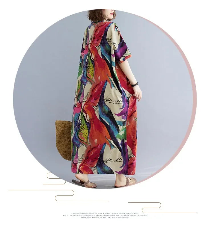 Boho Floral Cotton-Linen Summer Dress for Women – Ankle-Length, Loose Fit, O-Neck