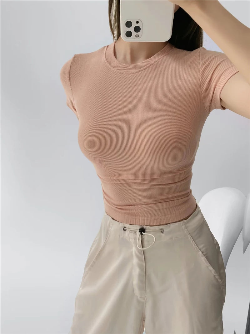 STVY Women's Slim Fit Solid Knit Tee with O-Neck - High Street Spring/Summer Top