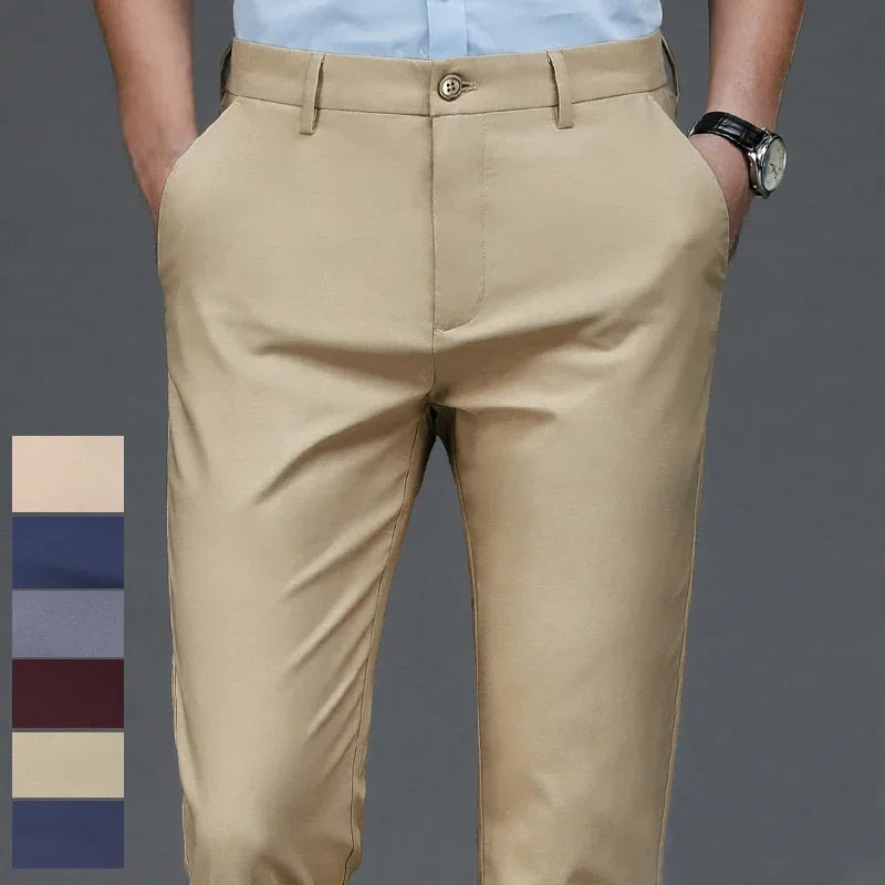 Men's Stretchy Casual Business Pants Spring Summer Breathable Full Length Home Work Trousers