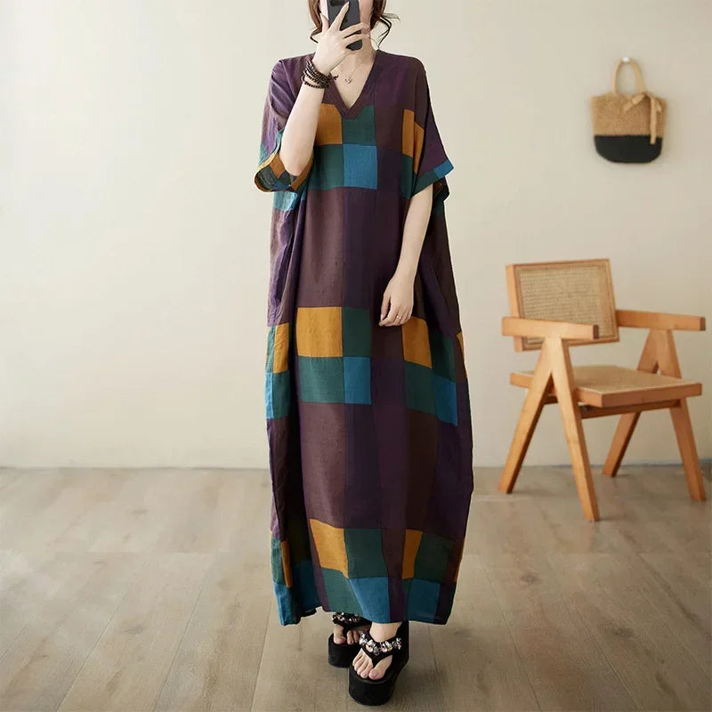 Boho Floral Cotton-Linen Summer Dress for Women – Ankle-Length, Loose Fit, O-Neck