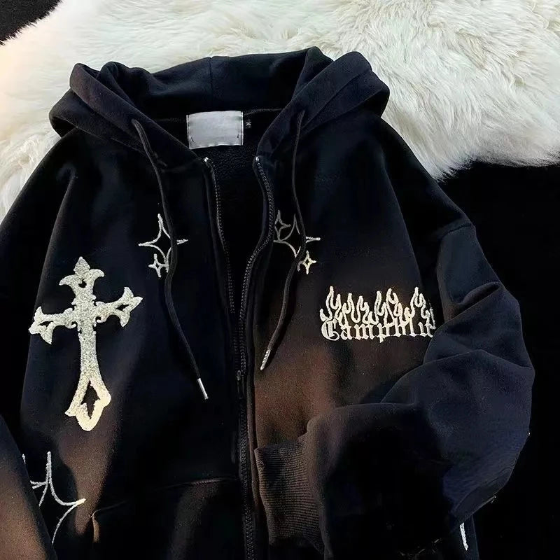 Goth Embroidery Hoodies Women High Street Harajuku Retro Hip Hop Zip Up Hoodie Loose Casual Sweatshirt Hoodie Clothes Y2k Tops