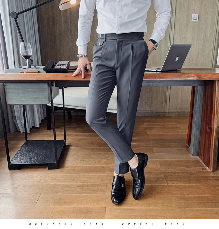 British Style New Solid High Waist Pant Men Business Formal Wear Trousers 2024 High Quality Slim Casual Office Suit