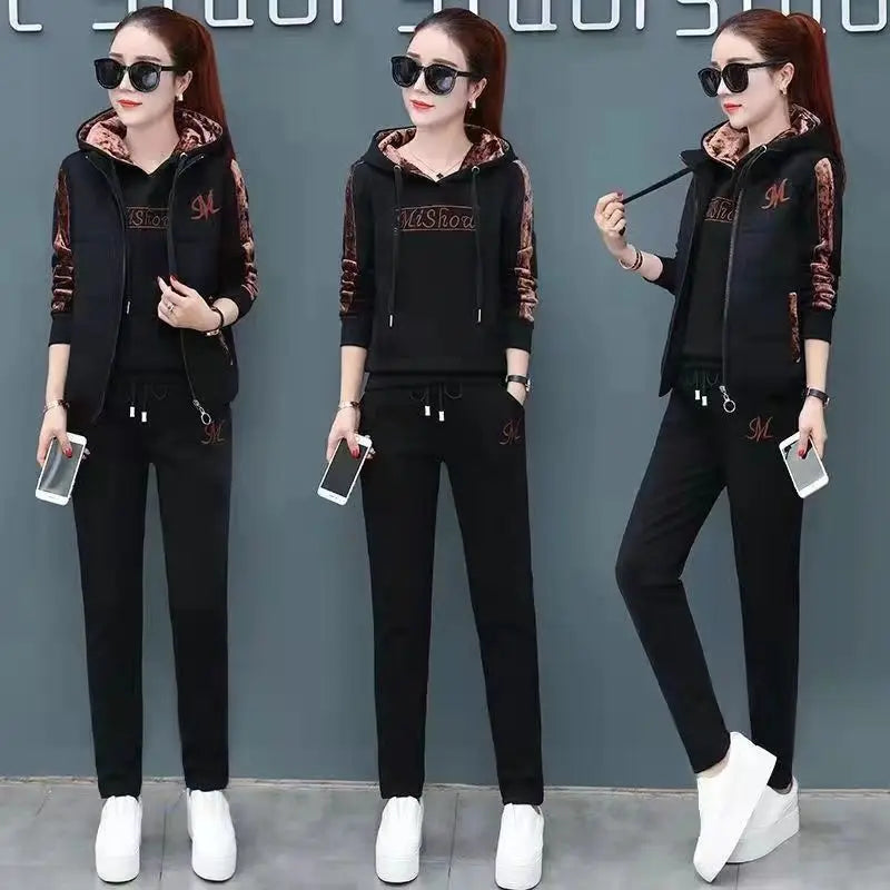 2024 Winter New Stripe Splice Long Sleeve Hooded Vest Casual Pants Three Piece Elegant Women's Running Sport Set