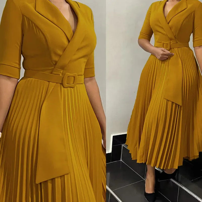 Women Autumn Elegant Half Sleeve V-neck Polyester Pleat Long Dress