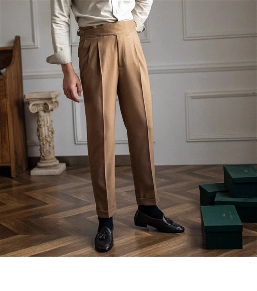 Men Solid Color Suit Trousers Spring Trendy Belt High Waist Pants Male Business Office Fashion Pleated Straight Pants Streetwear