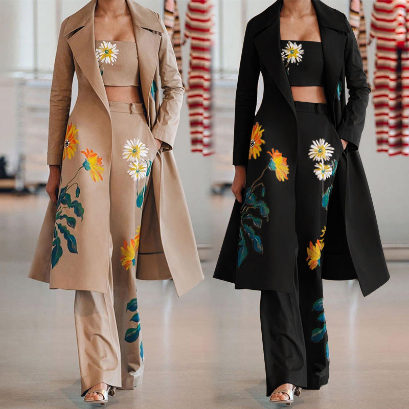 Long Trench coat Sets Female Autumn Temperament Print Flower Windbreaker Wide Leg Pant Suit Three Piece Set Office Lady