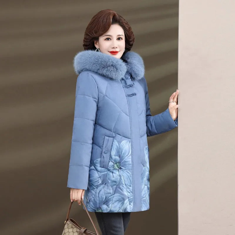 Women Winter Jacket Long Warm Thicken Cotton Padded Jacket Hooded  Middle Aged Women's Clothes