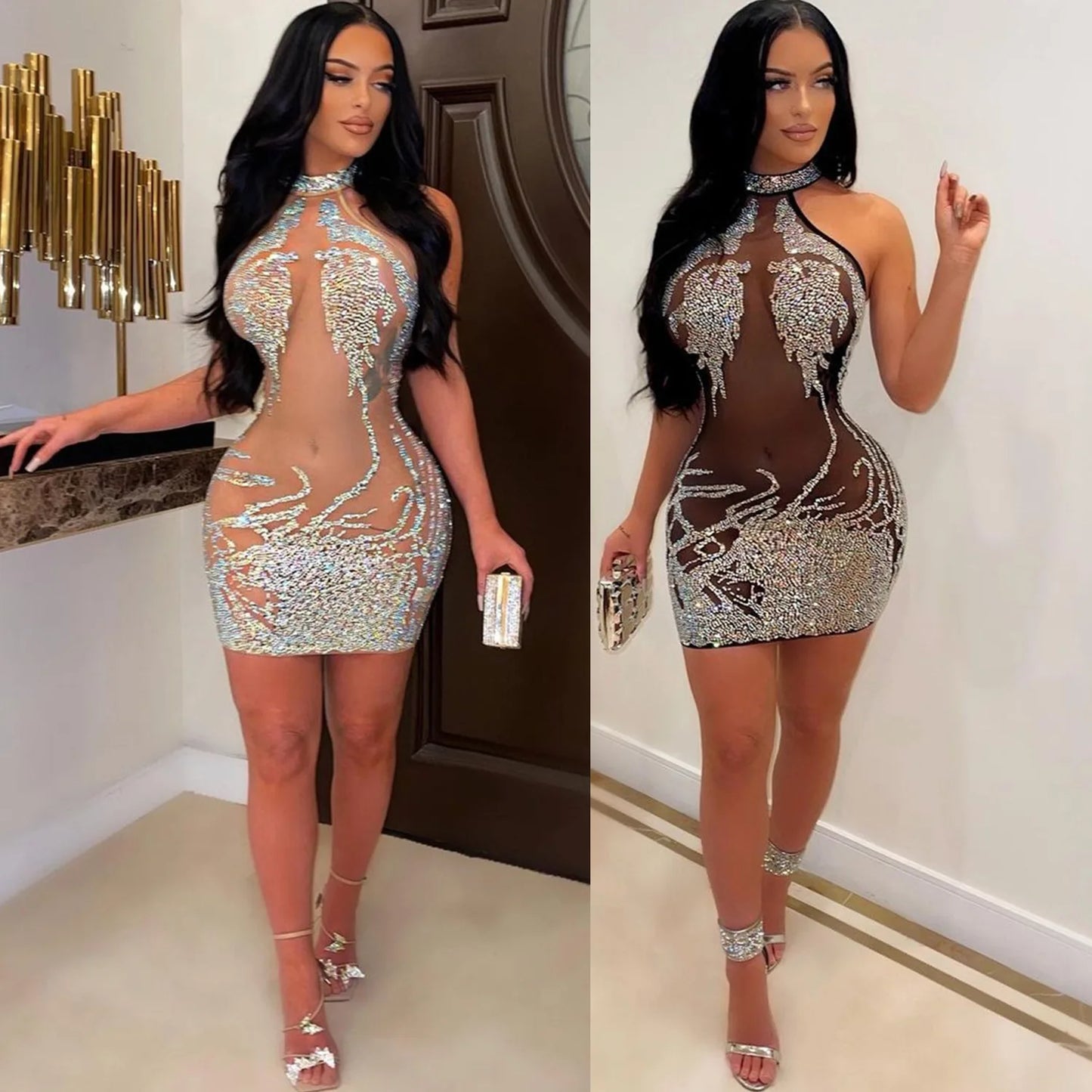 Sexy Mesh Rhinestone Short Prom Evening Mini Dress See Through Outfits Luxury For Women Night Club Party Diamond Bodycon Dresses