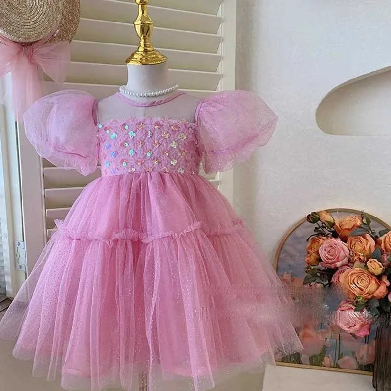 Cute A-Line Sequined Summer Dress for Girls – Solid Color | Ages 4–6Y