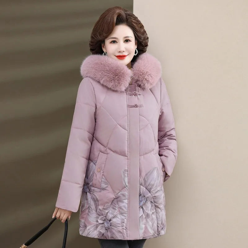 Women Winter Jacket Long Warm Thicken Cotton Padded Jacket Hooded  Middle Aged Women's Clothes