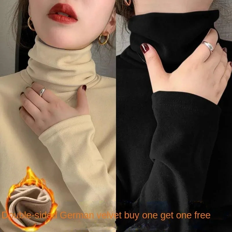 Fashion Fleece Casual Solid Plush Strecth T-Shirts Turtleneck Women High Collar Thick Autumn and Winter Basic Tops Undershirt