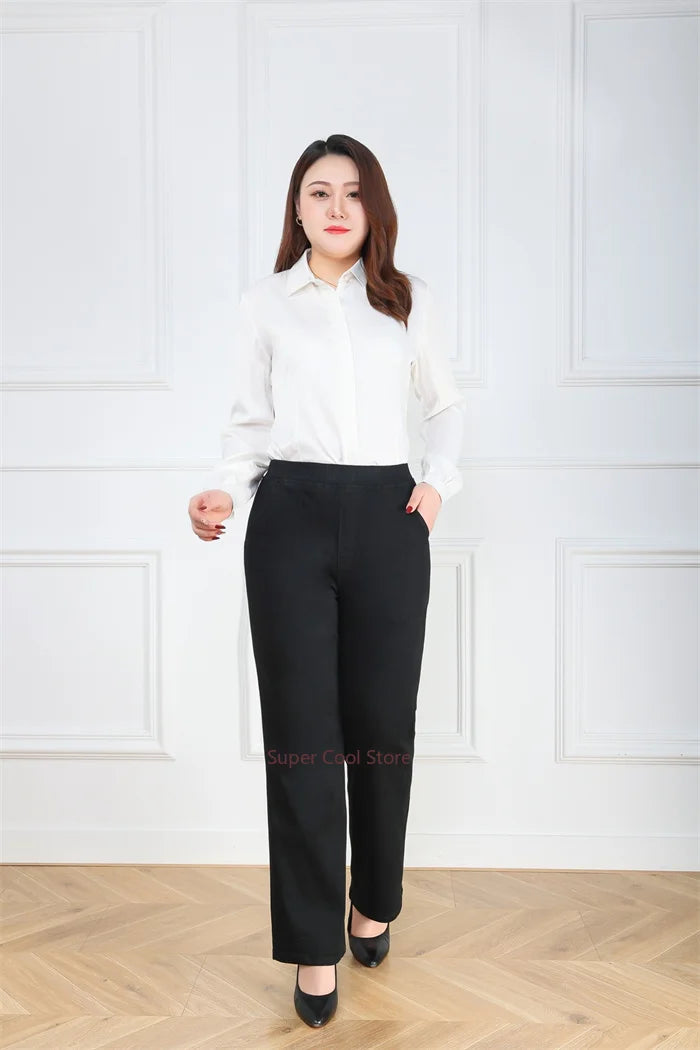 NoEnName_Null Women's High-Waist Cotton Elastic Denim Straight-Leg Jeans with Pockets – Autumn/Winter