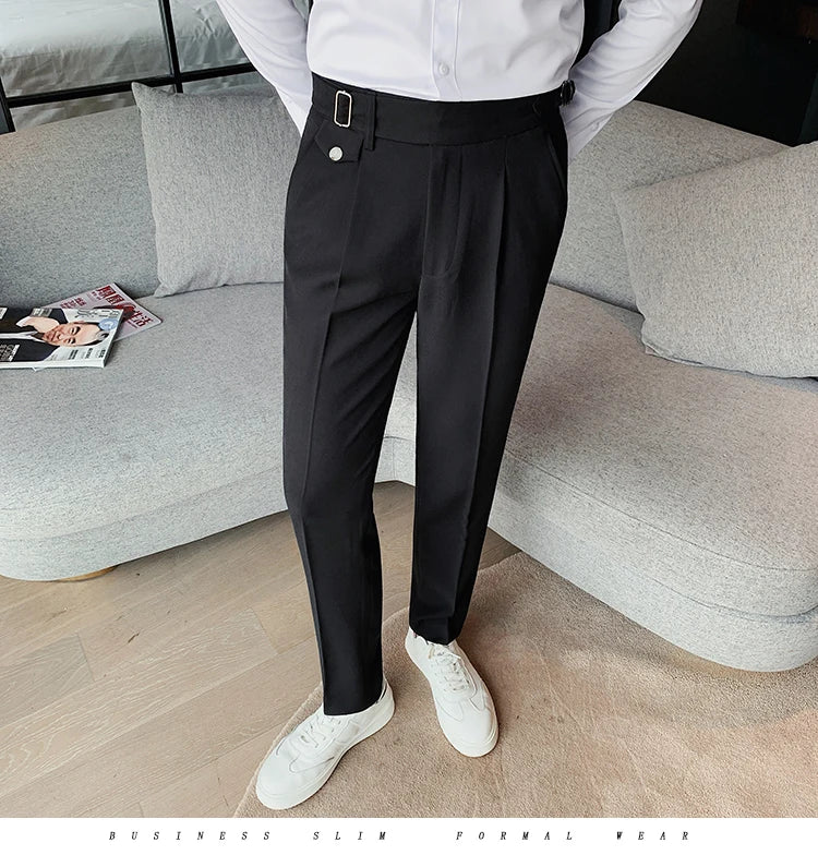 British Style New Solid High Waist Pant Men Business Formal Wear Trousers 2024 High Quality Slim Casual Office Suit