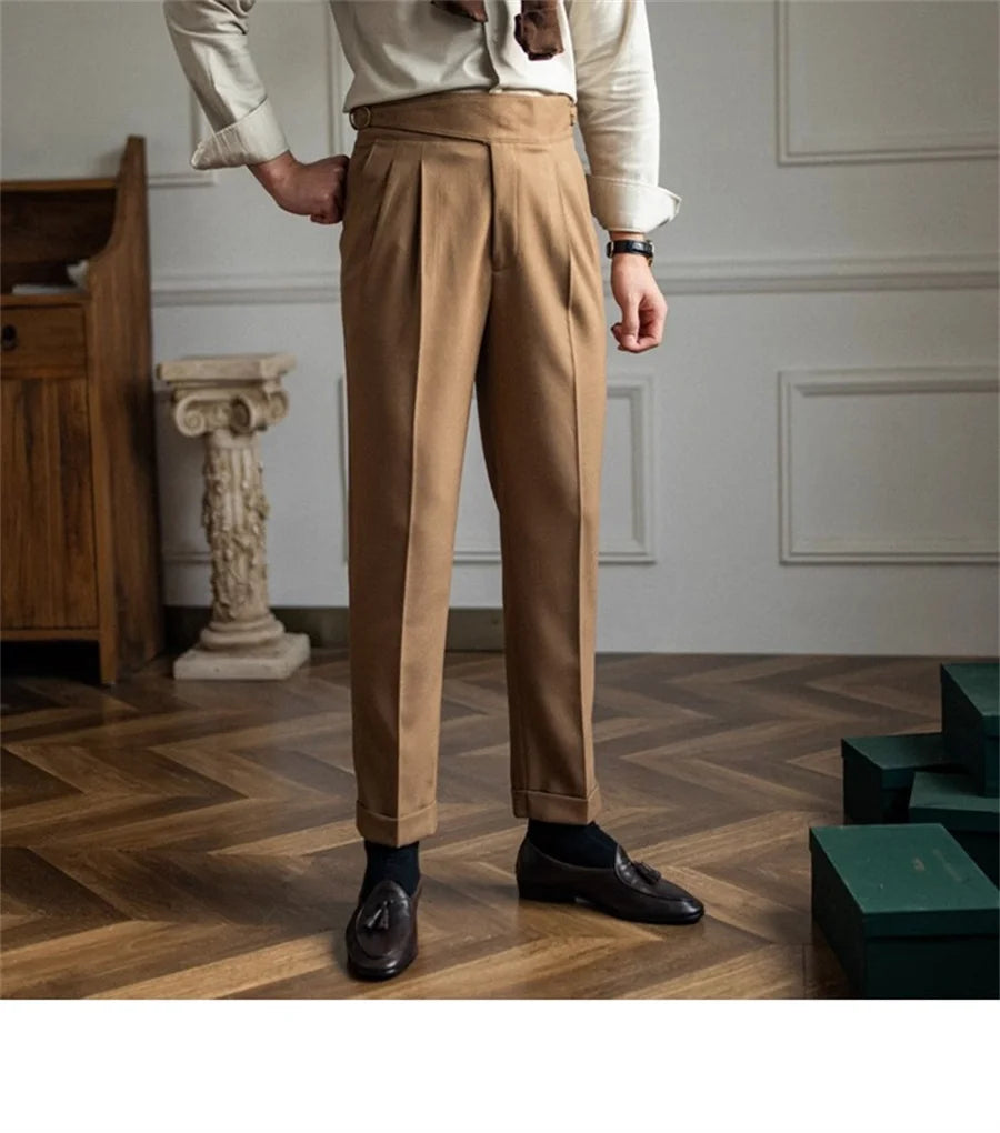 Men Solid Color Suit Trousers Spring Trendy Belt High Waist Pants Male Business Office Fashion Pleated Straight Pants Streetwear