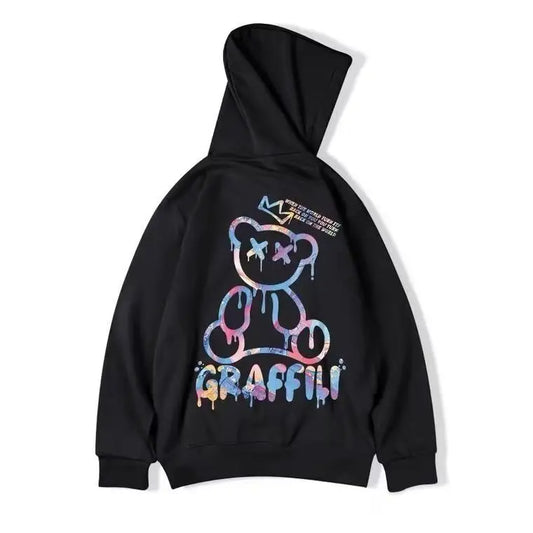 High Street Graffiti Bear Print Men's Fleece Hoodie Retro Autumn Casual Pullover Clothes