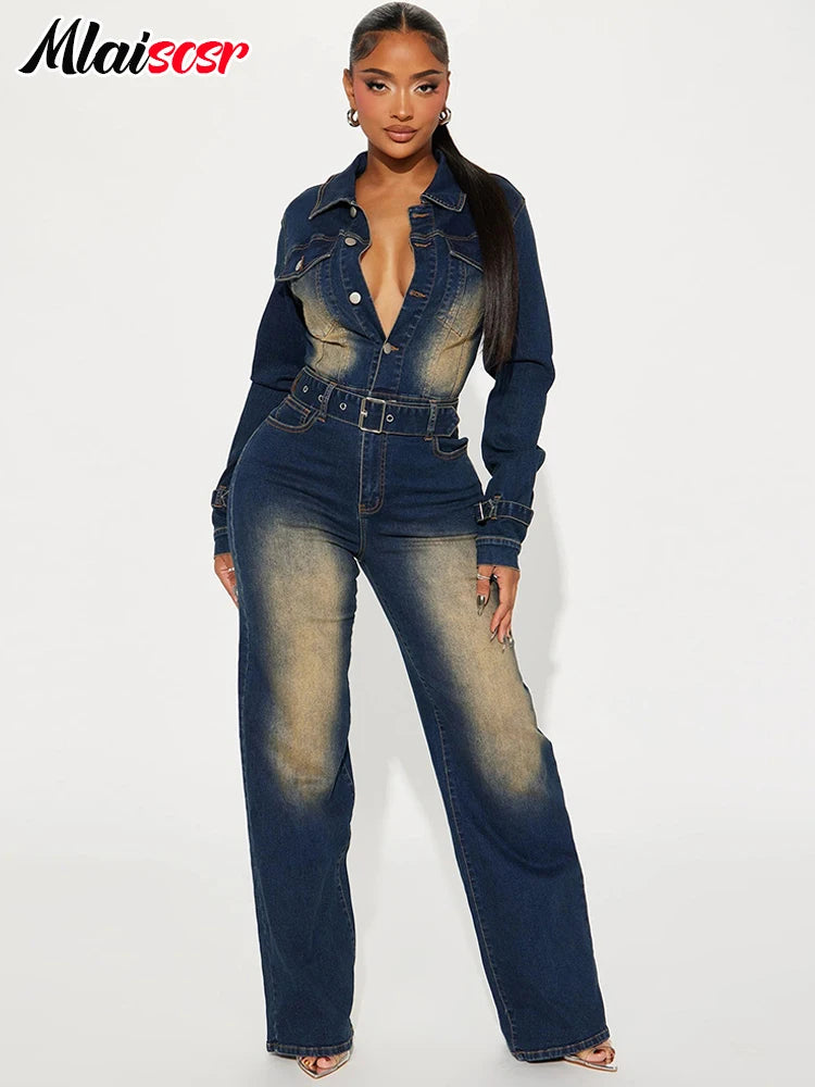 Mlaiscsr Stretch Denim One Piece Jumpsuits with Belt Winter Long Sleeve Lapel Washed  women Jeans