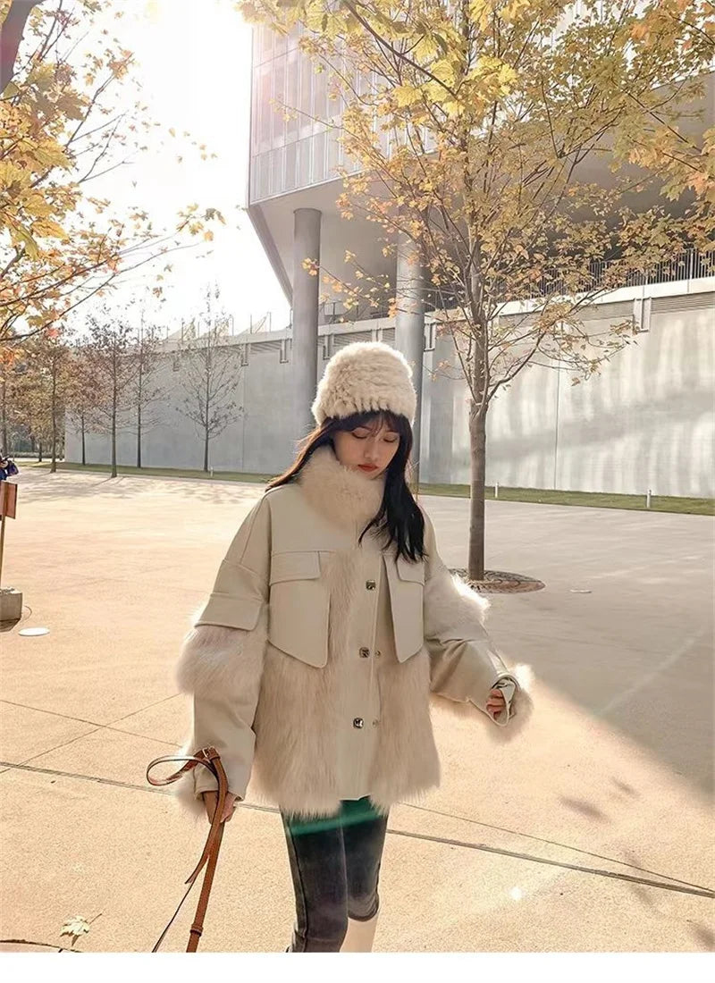 Retro Coffee Fur Coat  2024 Winter Loose Korean Version Fashionable Imitation for wome Fox Fur Thickened Haining High-end Coat