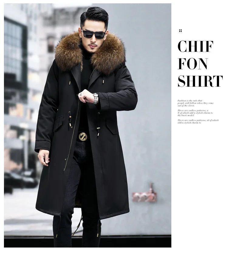 Hot Sales 2023 Men's Thickened Warm Parka Mid Length Detachable Fox Fur Lining Raccoon Winter Fur Coat