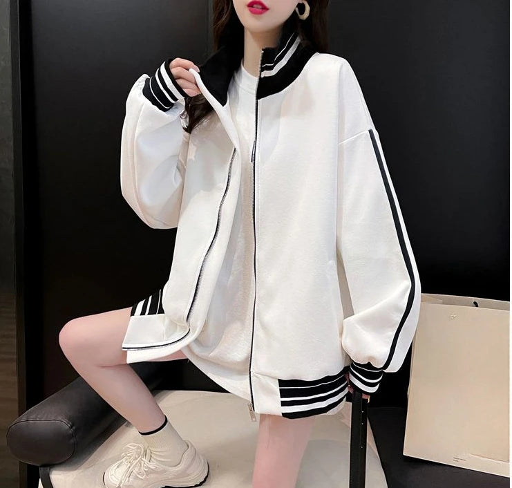 Black Sweatshirts for Women Full Zip Up Tops with Striped Y2k Hoodie Long Sleeve Style Matching