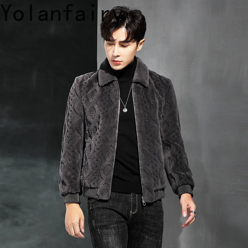 YOLANFAIRY 100% Wool Real Fur Coat Winter Shearling Jackets for Men Cropped Leather Jacket