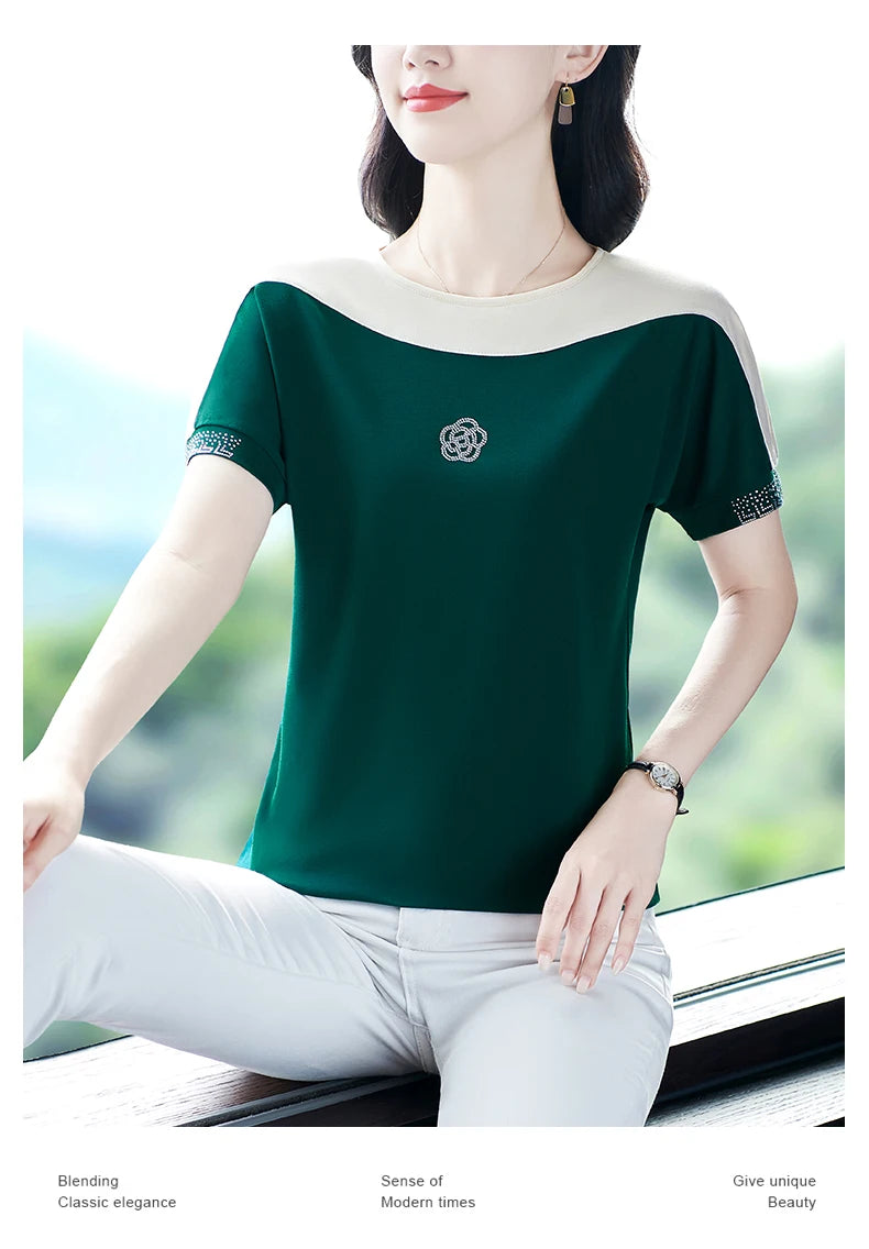 Moeroshe Women's Casual Patchwork O-Neck Tee - Cotton, Classic Style, Summer 2024 Release