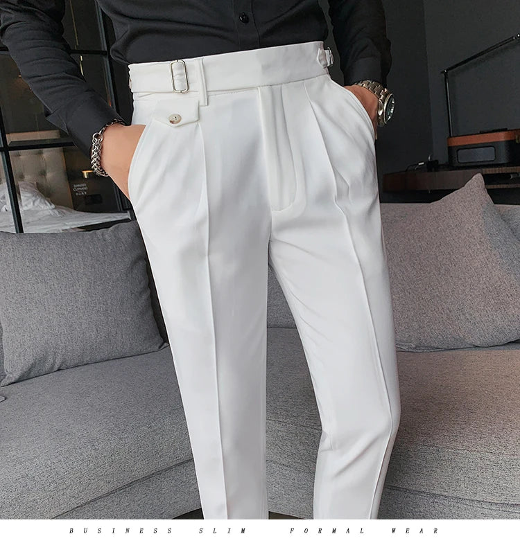 British Style New Solid High Waist Pant Men Business Formal Wear Trousers 2024 High Quality Slim Casual Office Suit