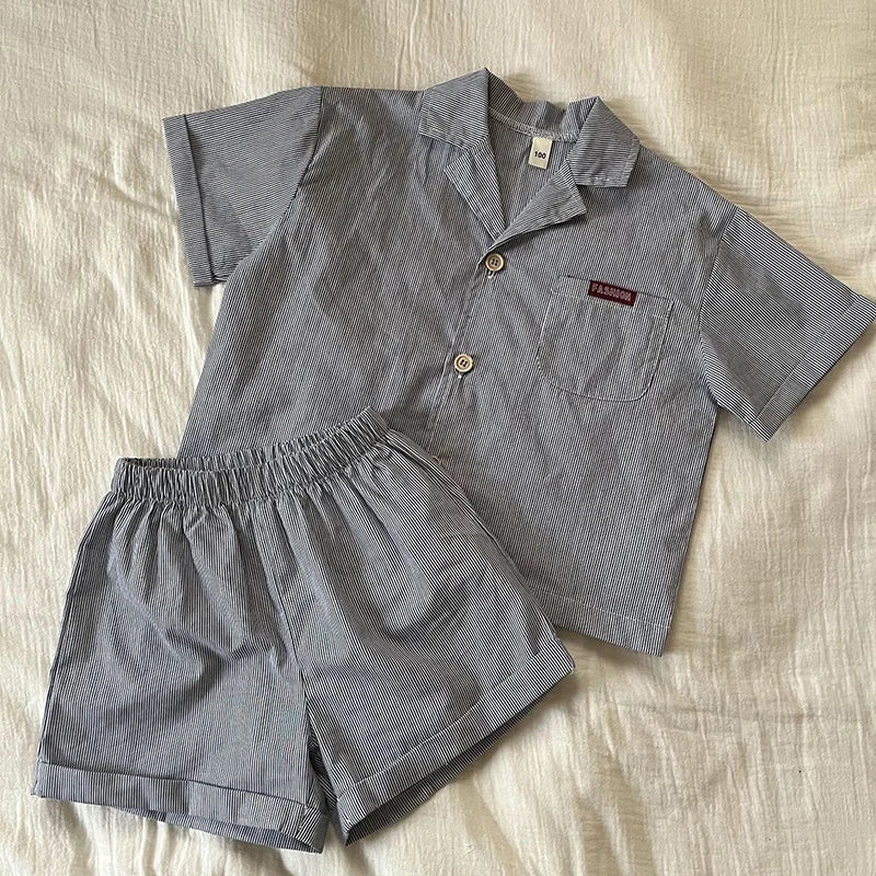 MILANCEL Unisex Summer Cotton Clothing Set for Kids (Ages 4–6) – Striped Short Sleeve Shirt and Shorts
