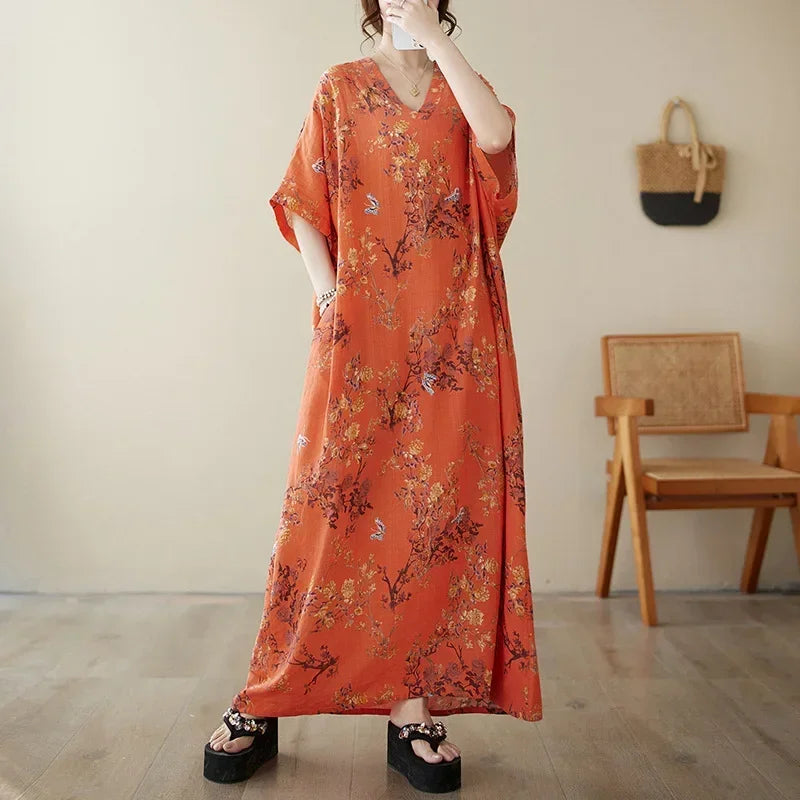 Boho Floral Cotton-Linen Summer Dress for Women – Ankle-Length, Loose Fit, O-Neck